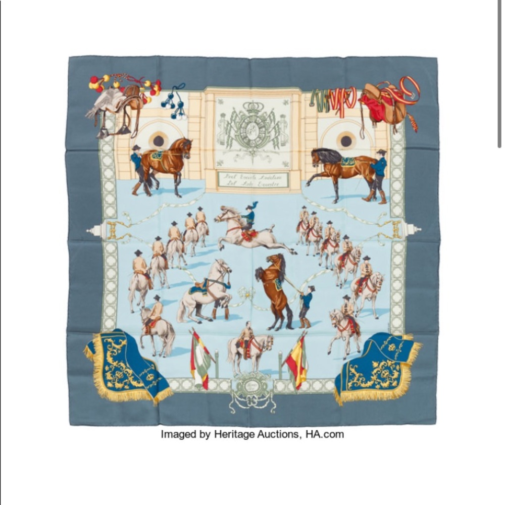 Hermes 90cm 90 Escuela Andalusia Silk Scarf Blue & Teal Equestre Equestr… - Picture 2 of 16